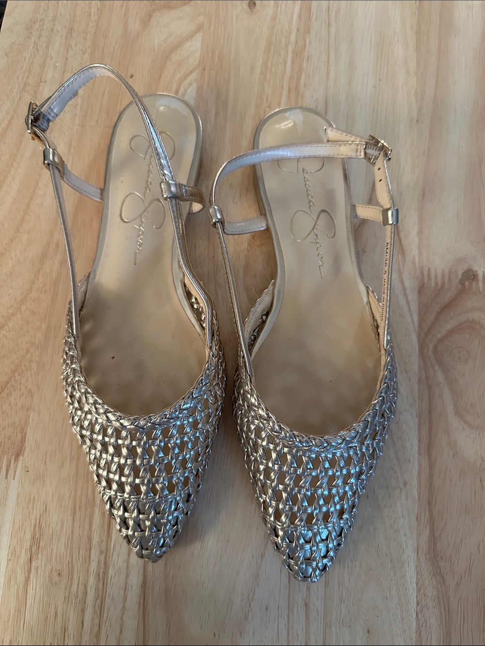 Jessica Simpson Gold Woven Pointed Slingback Flats